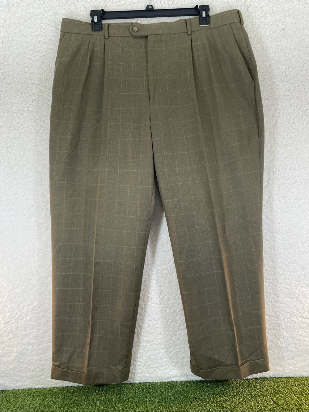 George Pleated Dress Pants Men 42x30 Olive Green Peach Windowpane Slacks Cuffed